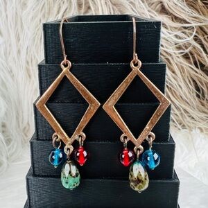 Vintage lightweight Coppertone red blue bead boho chic dangle pierced earrings